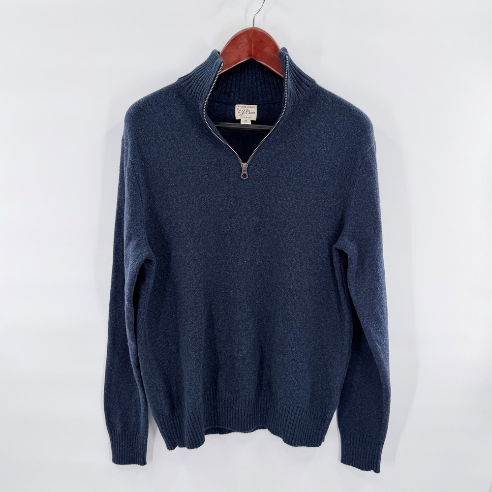 J.Crew Preppy Rugged Merino Wool Quarter Zip Marled Navy Sweater Men's M Classic